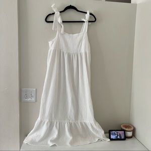 White Tie Strap Ruffle Hem Textured Midi Dress